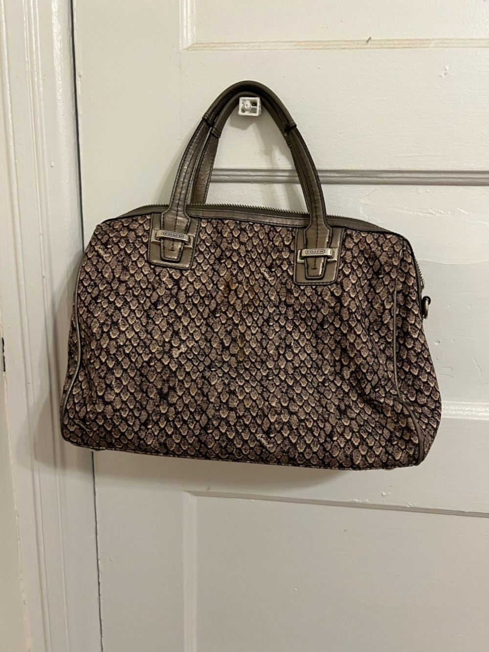 Coach Brown Textured Pattern hand bag with Silver Hardware